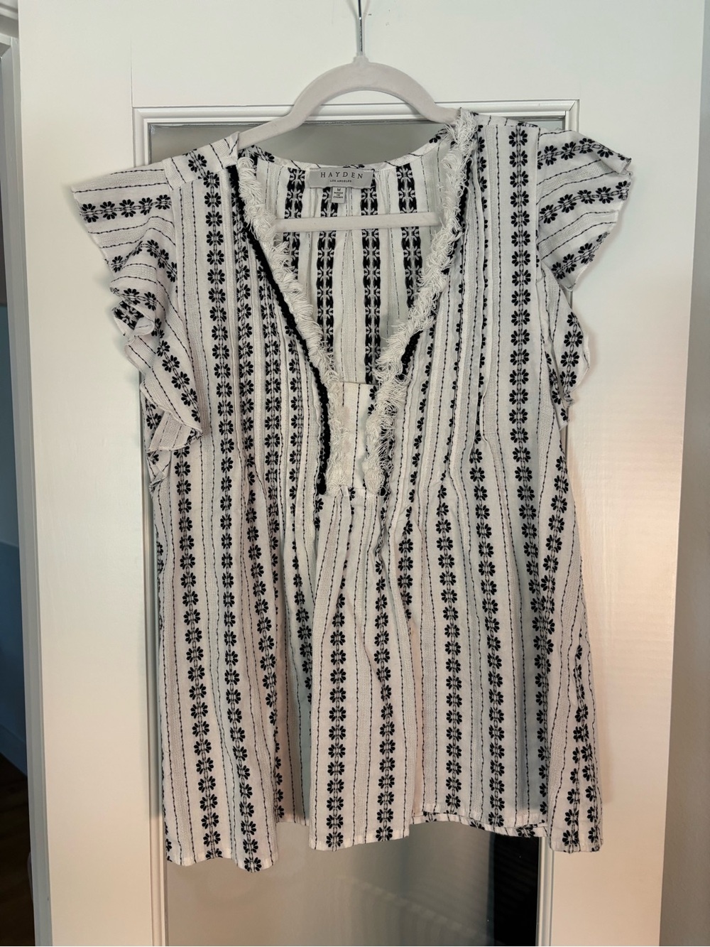 Hayden Black & White Striped Floral Ruffle Sleeve Blouse